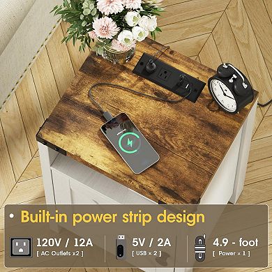 Nightstand Set of 2 with Charging Station, Bedside End Tables with Barn Doors & Open Shelves