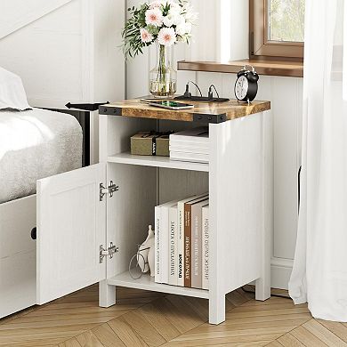 Nightstand Set of 2 with Charging Station, Bedside End Tables with Barn Doors & Open Shelves
