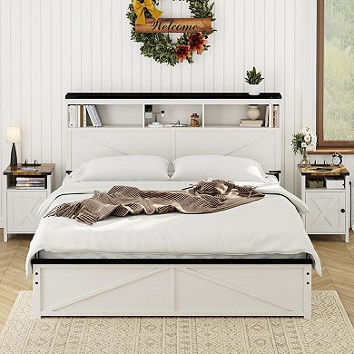 Nightstand Set of 2 with Charging Station, Bedside End Tables with Barn Doors & Open Shelves