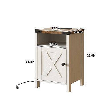 Nightstand Set of 2 with Charging Station, Bedside End Tables with Barn Doors & Open Shelves