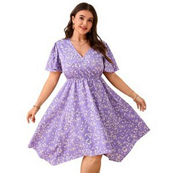 Plus Size Floral Dress Women V Neck Short Flutter Sleeve High Waist Asymmetrical Hem Casual Dress
