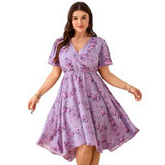 Plus Size Floral Dress Women V Neck Short Flutter Sleeve High Waist Asymmetrical Hem Casual Dress