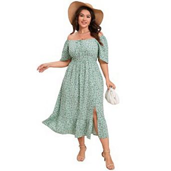 Plus Size Floral Midi Dress for Women Square Neck Puff Sleeve Ruffle Hem Casual Summer Dress