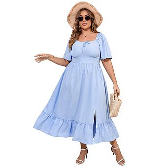 Plus Size Floral Midi Dress for Women Square Neck Puff Sleeve Ruffle Hem Casual Summer Dress