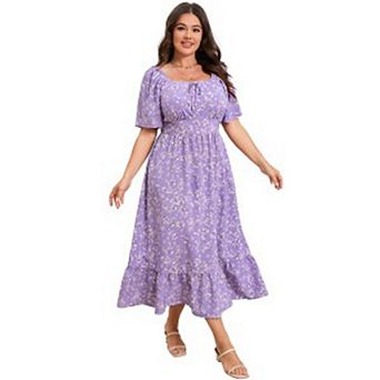 Plus Size Floral Midi Dress for Women Square Neck Puff Sleeve Ruffle Hem Casual Summer Dress