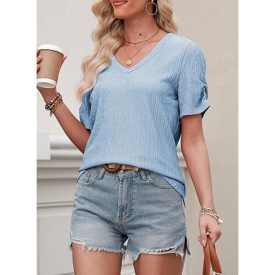 Women’s V-Neck Puff Sleeve Top Solid Short Sleeve Casual T-Shirt
