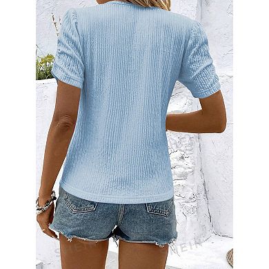 Women’s V-Neck Puff Sleeve Top Solid Short Sleeve Casual T-Shirt