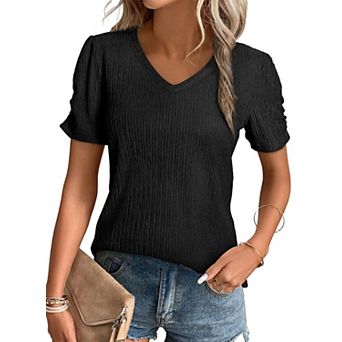 Women’s V-Neck Puff Sleeve Top Solid Short Sleeve Casual T-Shirt