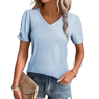 Women’s V-Neck Puff Sleeve Top Solid Short Sleeve Casual T-Shirt