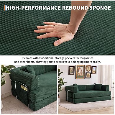 5-in-1 Convertible Floor Sofa to Sleeper Couch - Corduroy Fabric with Fixed Frame and Pillow
