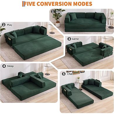 5-in-1 Convertible Floor Sofa to Sleeper Couch - Corduroy Fabric with Fixed Frame and Pillow