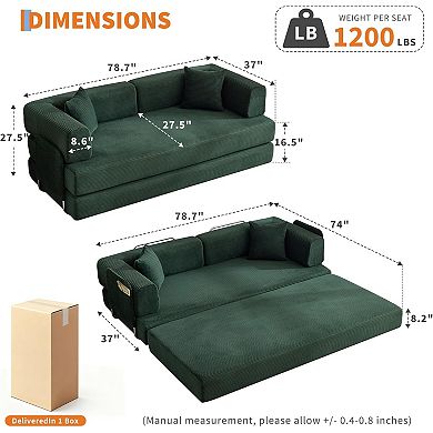 5-in-1 Convertible Floor Sofa to Sleeper Couch - Corduroy Fabric with Fixed Frame and Pillow
