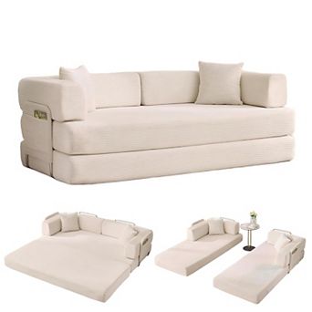 5-in-1 Convertible Floor Sofa to Sleeper Couch - Corduroy Fabric with Fixed Frame and Pillow