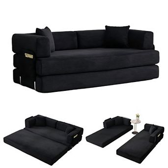 5-in-1 Convertible Floor Sofa to Sleeper Couch - Corduroy Fabric with Fixed Frame and Pillow