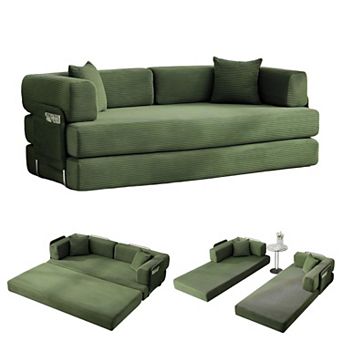 5-in-1 Convertible Floor Sofa to Sleeper Couch - Corduroy Fabric with Fixed Frame and Pillow