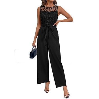 Womens Lace Panel Sleeveless Jumpsuits High Waist Dressy Casual One Piece Outfits with Tie Belt