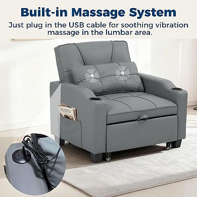 4-in-1 Sleeper Chair with Vibration Massage - Convertible Sofa Bed with USB Port and Cup Holders