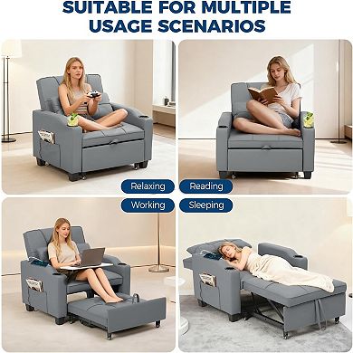 4-in-1 Sleeper Chair with Vibration Massage - Convertible Sofa Bed with USB Port and Cup Holders