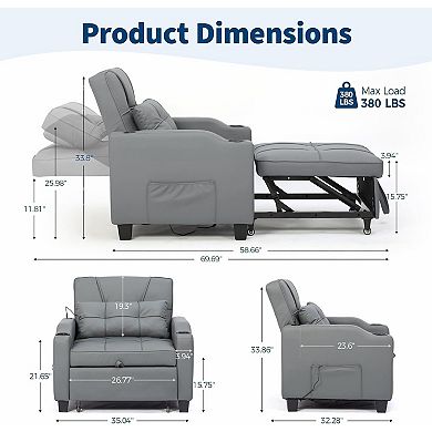 4-in-1 Sleeper Chair with Vibration Massage - Convertible Sofa Bed with USB Port and Cup Holders