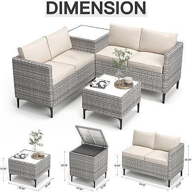 All-Weather PE Rattan Patio Sectional Set with Loveseat and Storage Table, For Outdoor Conversation