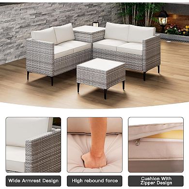 All-Weather PE Rattan Patio Sectional Set with Loveseat and Storage Table, For Outdoor Conversation