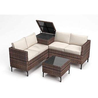 All-Weather PE Rattan Patio Sectional Set with Loveseat and Storage Table, For Outdoor Conversation