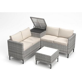 All-Weather PE Rattan Patio Sectional Set with Loveseat and Storage Table, For Outdoor Conversation