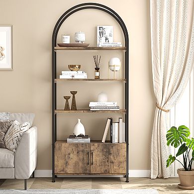 71.5" Arched 4-Tier Bookshelf with Doors, Modern Metal Frame Bookcase Storage Cabinet