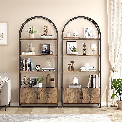 71.5" Arched 4-Tier Bookshelf with Doors, Modern Metal Frame Bookcase Storage Cabinet