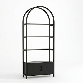 71.5" Arched 4 tier Bookshelf with Doors, Modern Metal Frame Bookcase Storage Cabinet