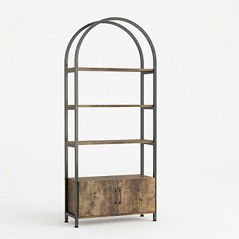 71.5" Arched 4 tier Bookshelf with Doors, Modern Metal Frame Bookcase Storage Cabinet