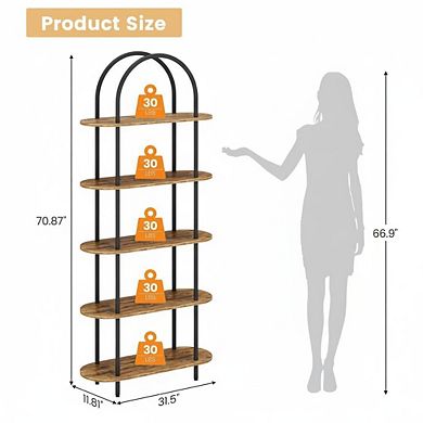 71" Arched 5-Tier Industrial Bookcase, Metal Frame Open Shelving Unit for Living Room Office