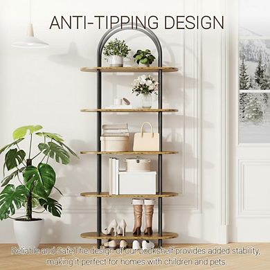71" Arched 5-Tier Industrial Bookcase, Metal Frame Open Shelving Unit for Living Room Office