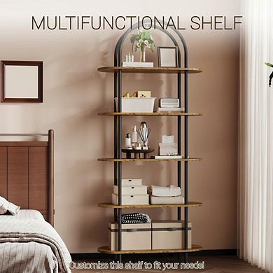 71" Arched 5-Tier Industrial Bookcase, Metal Frame Open Shelving Unit for Living Room Office