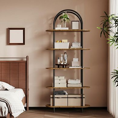 71" Arched 5-Tier Industrial Bookcase, Metal Frame Open Shelving Unit for Living Room Office