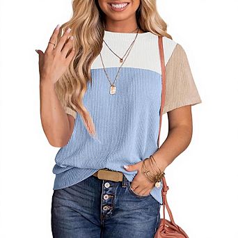 Women’s Striped Patchwork Short Sleeve T-Shirt Casual Pullover Top