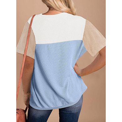Women’s Striped Patchwork Short Sleeve T-Shirt Casual Pullover Top