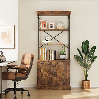 Industrial 5-Tier Bookshelf with Doors, Wood & Metal Vintage Bookcase Storage Cabinet