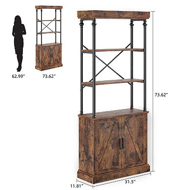 Industrial 5-Tier Bookshelf with Doors, Wood & Metal Vintage Bookcase Storage Cabinet
