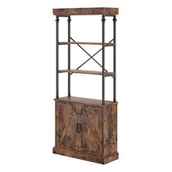 Industrial 5 tier Bookshelf with Doors, Wood & Metal Vintage Bookcase Storage Cabinet