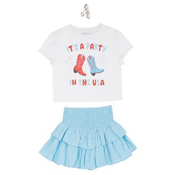 Girls 7-16 Tween Diva 3 pc Graphic Tee & Smocked Tiered Skort Set