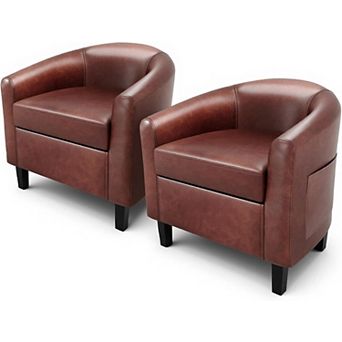 Accent Barrel Chair Set of 2 - Faux Leather Club Armchairs with Soft Padded Seat