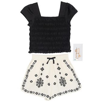 Girls 7-12 Tween Diva 3 pc Smocked Top & Embroidered Gauze Shorts Set