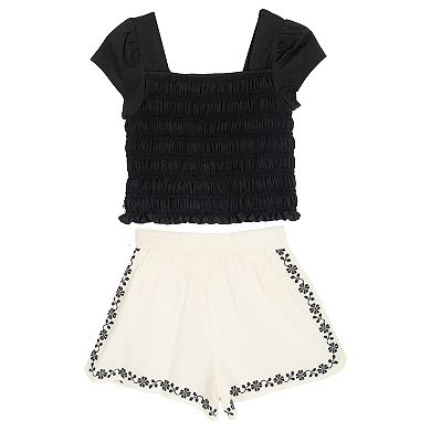 Girls 7-12 Tween Diva 3-Piece Smocked Top & Embroidered Gauze Shorts Set