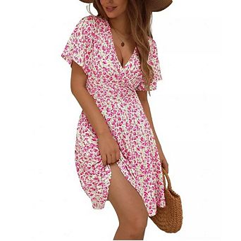 Womens Summer V Neck Floral Dress Wrap Bodice Ruffled Short Sleeve Flared Hem Casual Mini Dress