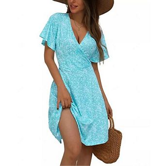Womens Summer V Neck Floral Dress Wrap Bodice Ruffled Short Sleeve Flared Hem Casual Mini Dress