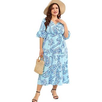 Womens Plus Size Evening Party Wedding Guest Dress V Neck Floral Tiered Ruffle Sleeve Dress