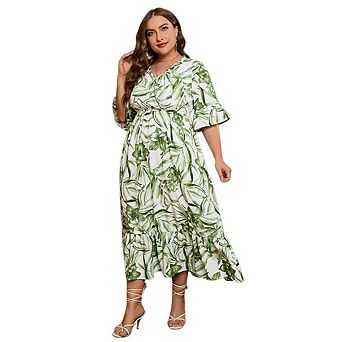 Womens Plus Size Evening Party Wedding Guest Dress V Neck Floral Tiered Ruffle Sleeve Dress