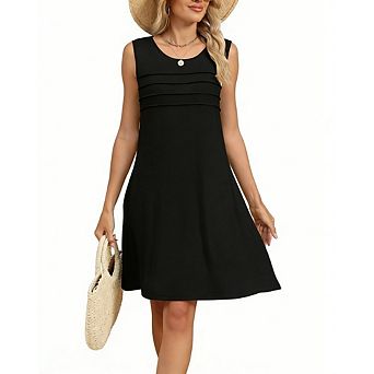 Womens Office Casual Sleeveless Pleated Shift Dress Loose Fit With Pockets Daily Dress