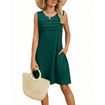 Womens Office Casual Sleeveless Pleated Shift Dress Loose Fit With Pockets Daily Dress